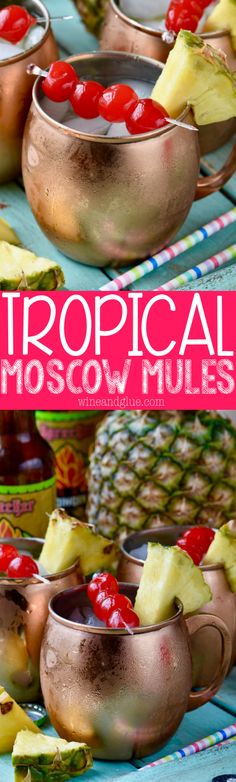 tropical moscow mules with pineapple and ketchup on the side, served in copper bowls