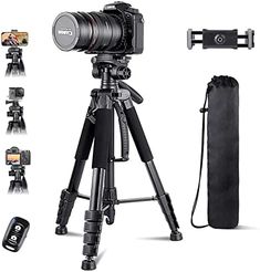 the tripod is set up to take pictures and videos with all its accessories on it