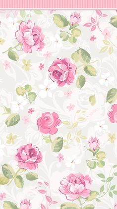 a pink flowered wallpaper with green leaves and flowers on the bottom half of it