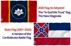 two flags with the words state flag 2010 - 2020 and one in god we trust