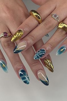 Maximalist Nails Fall, Funky Blue Nails, Brown And Blue Aura Nails, Blue And Yellow Aura Nails, Blue Fall Nails Designs, Blue And Orange Aura Nails, Aura Nails Blue And Green, Blue Fall Nails, Fall Nails Designs