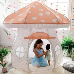 Measuring 61.5" tall x 32.5" diameter and constructed of a PVC frame and cotton cover, this mushroom-shaped playhouse makes a fun reading nook or sleepover tent. The mushroom shape and look helps to engage the imagination and bring woodland or forest pretend play to life! Children can unroll the door when theyre seeking a few minutes of quiet time or roll and secure it upright to welcome friends inside. Featuring soft, neutral colors, this playhouse fits well with most any playroom or bedroom co Tent Reading Corner, Mushroom Playhouse, Woodland Playroom, Indoor Tent For Kids, Mushroom Room, Indoor Forest, Playhouse Tent, Indoor Tent, Playhouse Furniture