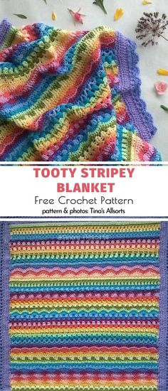 a crocheted blanket with the title, tooty stripey blanket free crochet pattern