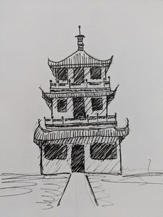 a drawing of a pagoda tower in the water