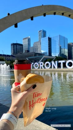 a person holding a hot dog in front of a fountain with the toronto skyline behind them