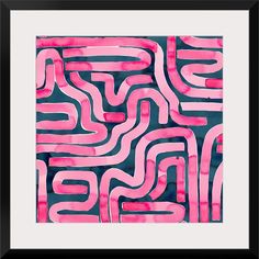 an abstract painting with pink and blue colors on the bottom, in a black frame