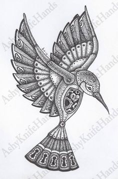 a black and white drawing of a bird with an ornate design on it's wings