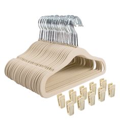 a set of clothes hangers and clips