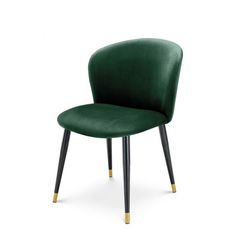 an upholstered green chair with black legs and gold trimmings on the back