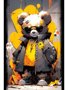 a painting of a teddy bear with sunglasses on it's face and wearing a jacket