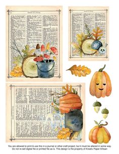 an open book with illustrations of pumpkins and other autumn items on it, including books