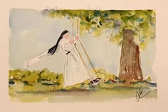 a watercolor painting of a woman walking in the woods