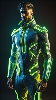 a man in futuristic suit with neon lights