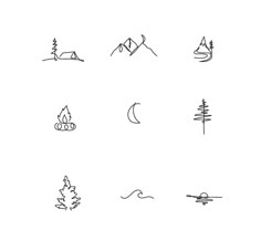 the different types of trees and mountains are drawn in black on a white paper background