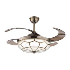 a ceiling fan with a light fixture on it's bladed blades and a glass shade