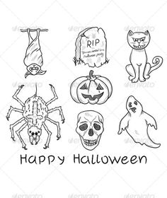 black and white drawing of halloween items