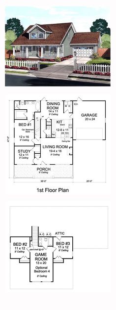 two story house plans with attached garage and living room in the front, an open floor plan