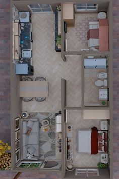 an overhead view of a two bedroom apartment