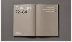 an open book with the title cottages 72 - 84 written in black on it