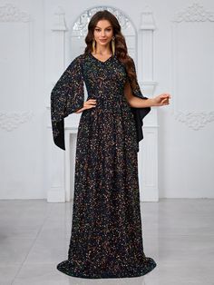 Yisikado Cloak Sleeve Sequin Formal Dress-SSN177-4 Evening Dresses Casual, Affordable Formal Dresses, Casual Wedding Dresses, Long Sleeve Ball Gowns, Printed Flare Pants, Sequin Formal Dress, Plus Size Formal, Plus Size Formal Dresses, Maxi Gown Dress