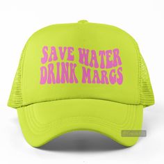 New Hat. Save Water Drink Margs Pink Graphic On Foam Trucker Hat In Neon Yellow. Lightweight Poly-Foam Trucker Cap With Mesh Back Curved Bill Visor For Optimal Shading Adjustable Plastic Snap Strap Adult Unisex One Size Fits Head Circumferences Up To 60cm Search More In My Closet! Style Tags # Margarita Drinking Bar Text Fun Trending 2023 Groovy Wavy Lettering Sport Baseball Hat Cap Vacation Travel Hot Weather Guys Mens Womens Casual Outdoors Original Custom Cool Unique Handmade Trendy Active Bi Yellow Trucker Hat For Sports, Yellow Sports Trucker Hat With Curved Brim, Yellow Trucker Hat Baseball Cap For Spring, Yellow Trucker Hat With Curved Brim For Spring, Casual Yellow Baseball Cap For Outdoor, Yellow Sports Trucker Hat, Yellow Trucker Baseball Cap, Green Summer Dad Hat, Yellow Trucker Style Snapback Hat