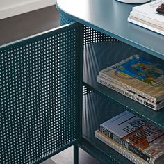 a book shelf with books on top of it