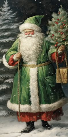 a painting of santa claus holding a christmas tree in his right hand and wearing a green coat