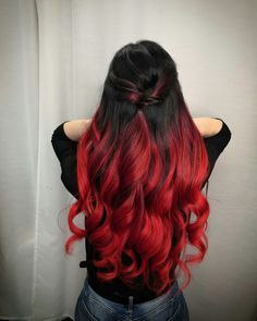 Red And Back Hair, Black And Red Hair Color Ideas, Red Ombre Hair With Bangs, Red Ombre Hair Color For Brunettes, Red Hair Color For Brunettes, Brown Hair Red Tips, Black And Red Ombre Hair, Blood Red Hair Color, Red And Black Hair Ideas