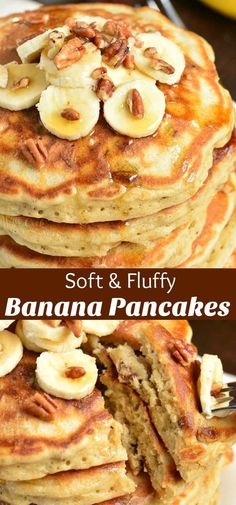 soft and fluffy banana pancakes with bananas on top