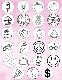 a pink background with black and white icons