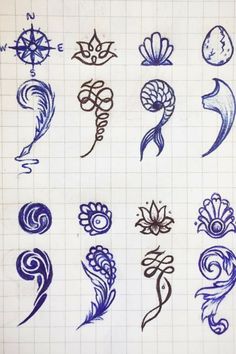 some different types of tattoos drawn on paper with blue marker pens and pen marks in the middle