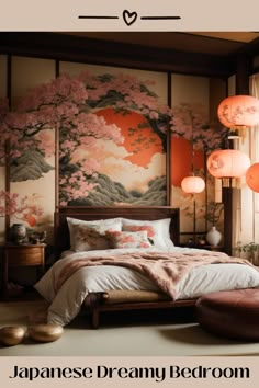 Revel in the embrace of a radiant sunset with this tranquil bedroom retreat’s Japanese wall decor. The stunning wall art, featuring cherry blossoms set against an ethereal mountain landscape bathed in sunset hues, inspires serenity. A plush bed, embellished with floral prints, is accompanied by traditional tatami flooring and gentle lighting from exquisite hanging lanterns. Potted plants and a subtle seating area with floor cushions add to the room’s allure. Japanese Theme Bathroom, Bedroom With Lanterns, Bedroom Design Japanese, Master Bedrooms Decor Japanese, Japanese Art Bedroom, Japan Themed Room, Japanese Theme Bedroom, Asian Bed