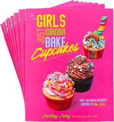 the book girls in the wanna bake cupcakes is pink with colorful frosting and sprinkles