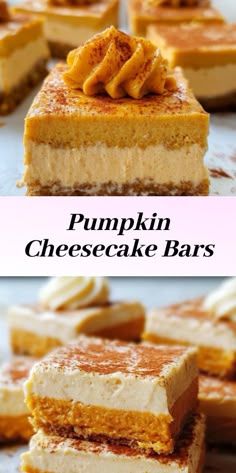 pumpkin cheesecake bars stacked on top of each other with the words, pumpkin cheesecake bars