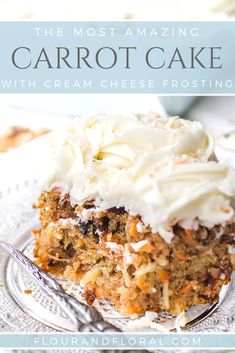 the most amazing carrot cake with cream cheese frosting is on a glass plate and has a fork in it