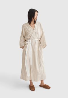 Linen Kimono Robe by Deiji Studios | KonMari by Marie Kondo Relaxed Fit Linen Robe For Daywear, Relaxed Fit Linen Sleep Robe, Spring Loungewear Kimono With Natural Dye, Relaxed Fit Linen Robe For Loungewear, Beige Relaxed Fit Kimono For Loungewear, Relaxed Fit Beige Kimono For Loungewear, Relaxed Fit Linen Robe For Spring, Beige Linen Kimono For Loungewear, Summer Linen Lounging Robe