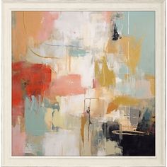 an abstract painting with lots of different colors and shapes in white frame on the wall