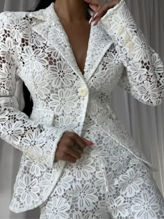 Blazer + Pants Matching Set Material: Polyester, Cotton Lace detail Delicate dry clean Protect accessories before washing Cool iron Sample size: S Style № ZC_ERINE_White White Suits For Women, Chiffon Blazer, Blazer Pants Set, Lace Suit, Lace Blazer, Woman Suit, White Suit, Pantsuits For Women, Woman Suit Fashion