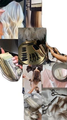 the collage shows many different types of hair and accessories, including scissors, combs,