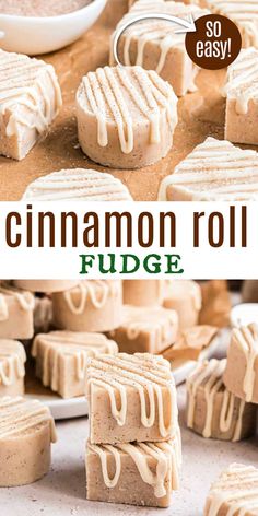 homemade cinnamon roll fudge recipe with text overlay