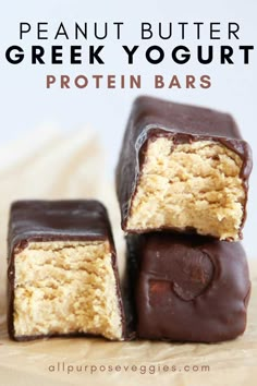 two pieces of peanut butter greek yogurt protein bars stacked on top of each other