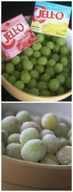 green grapes and jello are in a bowl next to each other with the word jello on it