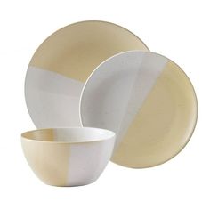 two white and yellow dishes with one bowl