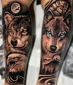 two wolf tattoos on both legs with blue eyes and an eagle in the middle one