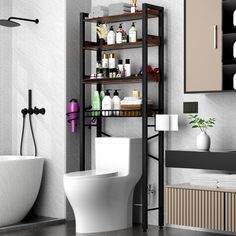 a white toilet sitting next to a bath tub under a shelf filled with lots of bottles