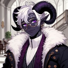 an anime character with white hair and purple eyes wearing a horned goat head costume while standing in front of a building