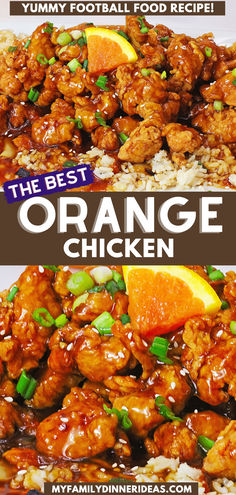 the best orange chicken is served with rice and green onions