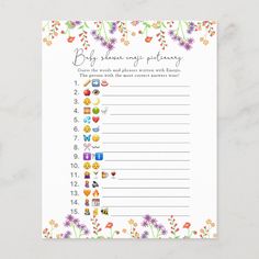 a printable baby shower game with flowers and candies on the side, in white paper