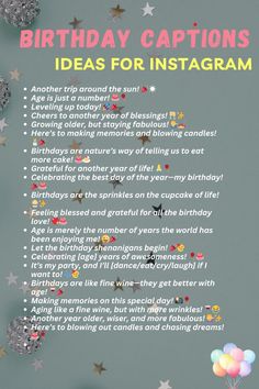 birthday captions ideas for instagrams on the back of a gray background with balloons and confetti