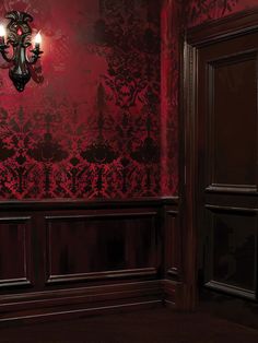 Victorian Gothic Sconce and Red Damask Photography Backdrop - Victorian gothic backdrop with dark wood paneling Red Damask Wallpaper, Gothic Romance Aesthetic, Dark Wood Paneling, Witchy Whimsical, Victorian Circus, Dark And Moody Interiors, Dramatic Photography, Gothic Interior, Romance Aesthetic